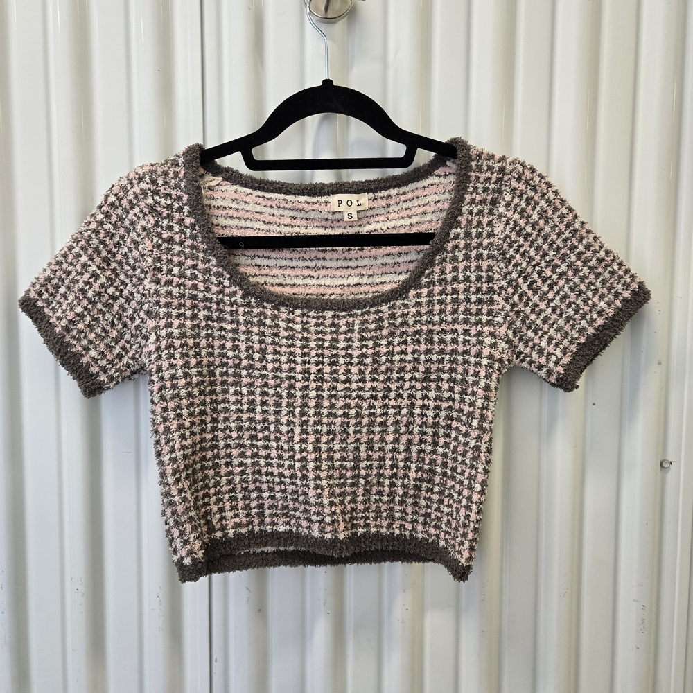 POL Houndstooth Knit Crop Top in Pink & Brown
